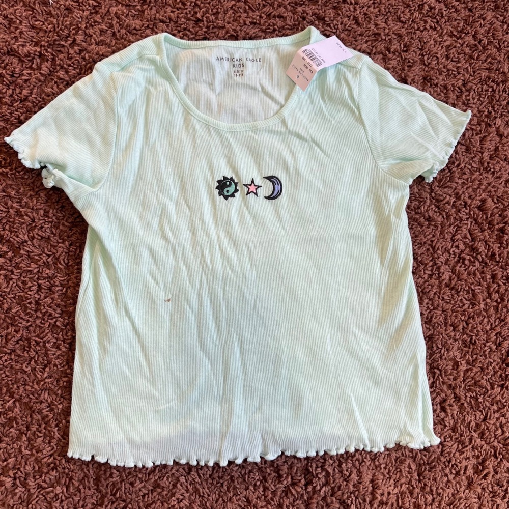 American Eagle Kids Ribbed Graphic Tee Lettuce Trim Top Sun Moon Star 12 NWT